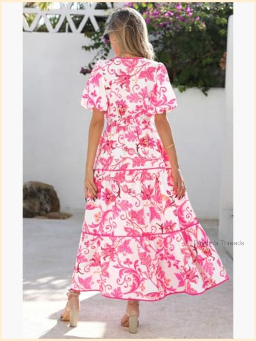 Boho Flowy Tiered Maxi Dress Wedding Guest V Neck Puff Sleeve - Picture 2 of 7